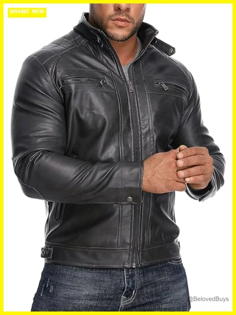 Men's Stand Collar Faux Leather Motorcycle Jacket with Zipper Pockets